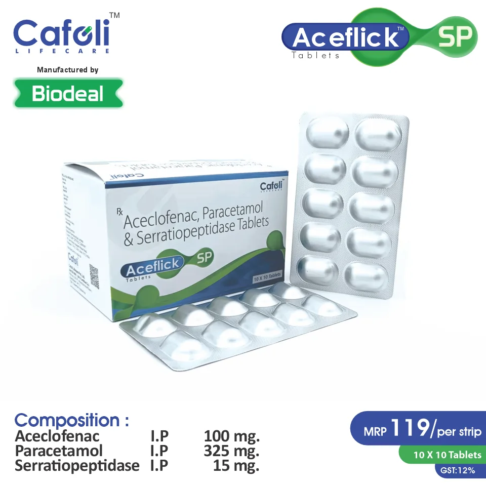 Aceclofenac 100mg + Paracetamol 325mg + Serratiopeptidase 15mg at Best Price in Top PCD Pharma Franchise for Analgesic and Anti-inflammatory, Pain Relief, NSAIDs